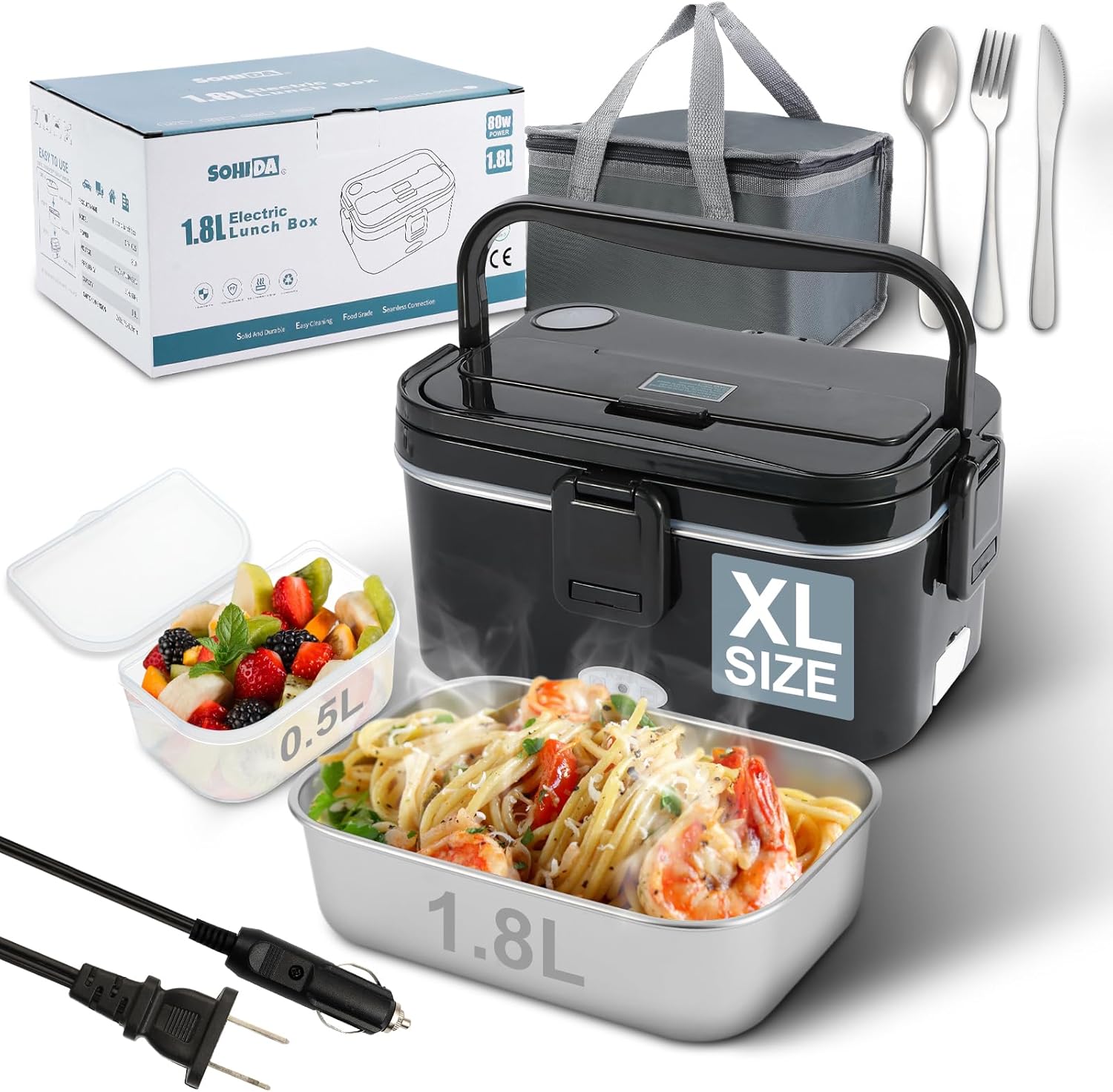SOHIDA 1.8L+0.5L Heated Lunch Box for Men, 80W Electric Lunch Box with Long-handled Utensils for Adults, 12V/24V/110V Lonchera Eléctrica Portátil, Portable Food Warmer for Car/Truck/Office (Black)